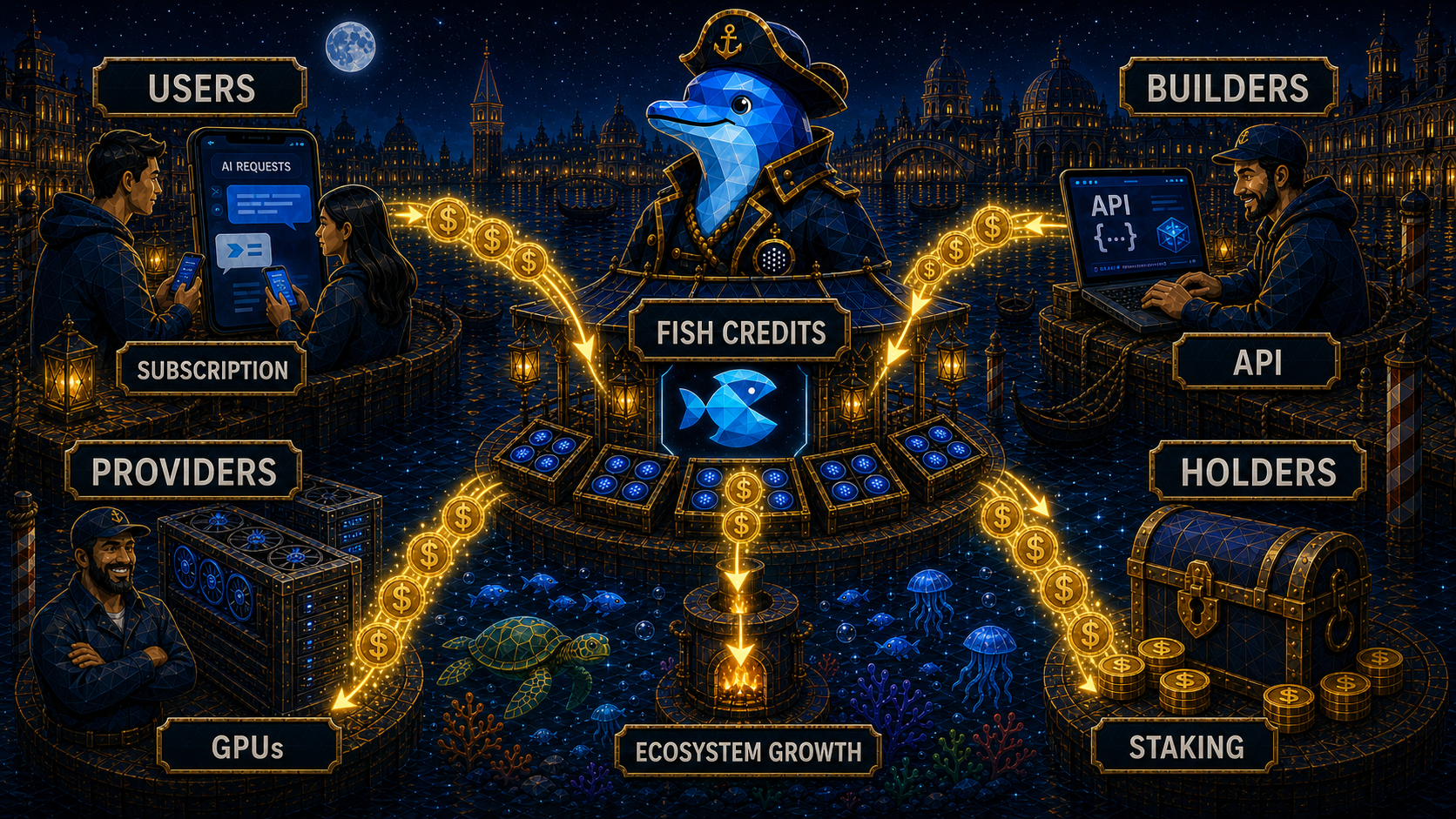 Visual map of Fish Credits receiving subscription and API money, rewarding GPU providers, staking holders, and ecosystem growth